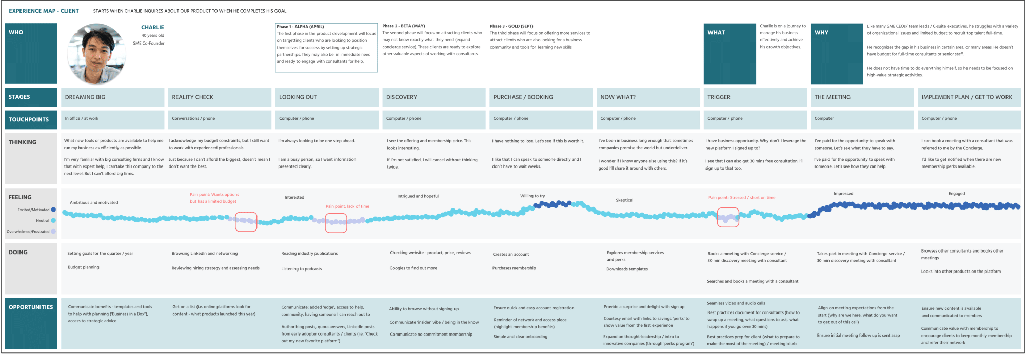 Cansulta client journey map, showing client moving through a pain point to fully engaged.