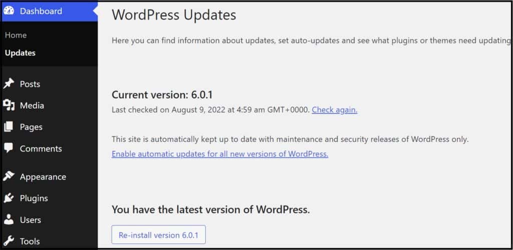 check WP version under updates -WordPress screenshot