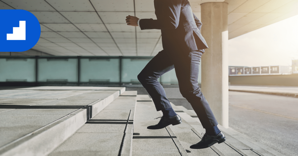 businessman running up the stairs: Achieving perfection may never be possible, but celebrating each step towards it can bring joy and satisfaction that will propel your journey.