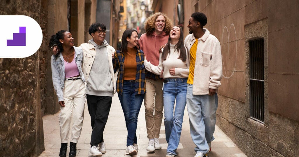 group of GenZ walking, laughing: So what can you do to be among the best of your generation in terms of commercial success? Start by looking at the most important areas where your peers are weak or failing, then get really good at doing those things.