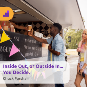 happy customers in queue at food truck