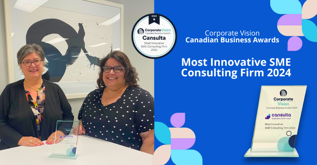 Corporate Vision Canadian Business Awards - Most Innovative SME Consulting Firm 2024 - Michele and Alexandra with Award