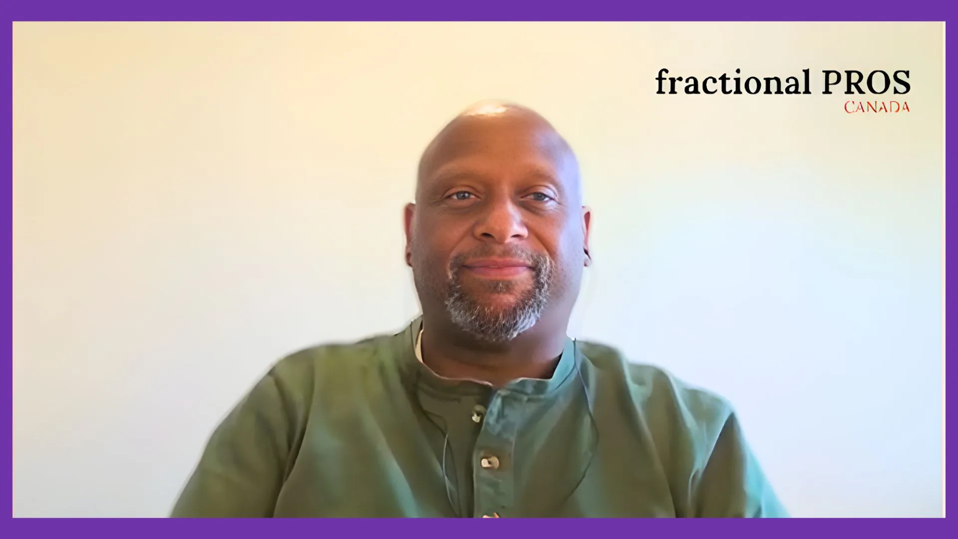 A man in a green shirt, identified as Trevor, sits in front of a plain light background with the text "fractional PROS CANADA" in the top right corner, all framed by a purple border.