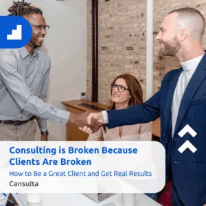 Happy consultant and client shaking hands in an office setting