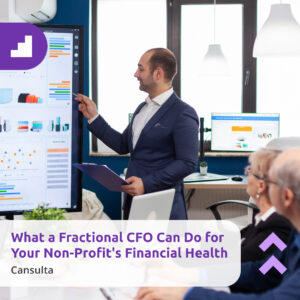 Business professional presenting financial data on a large digital screen to a group in a modern office setting, with the text 'What a Fractional CFO Can Do for Your Non-Profit's Financial Health – Cansulta' overlayed on the image.