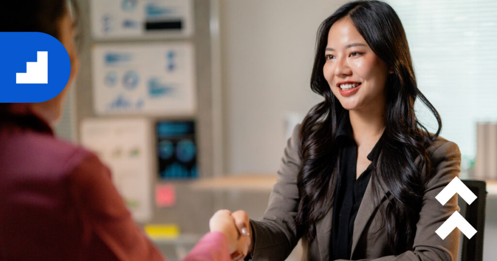 Smiling business consultant in a professional setting.