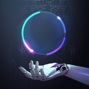 A futuristic robotic hand reaching toward a glowing circular digital interface with neon blue and purple light, set against a dark technological background with circuit patterns.
