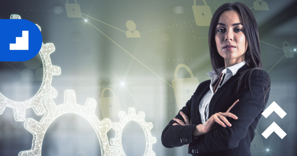 A confident businesswoman standing in front of digital gears and automation icons, representing strategy and technology.