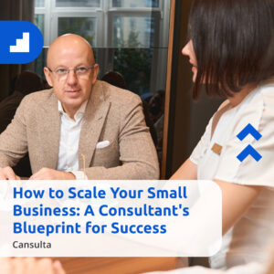 A group of three people sit together at a table in a modern office setting, engaged in a business discussion. Two men face the camera while a woman sits with her back partially turned. Text over the image reads: ‘How to Scale Your Small Business: A Consultant’s Blueprint for Success – Cansulta,’ with blue graphic icons on the left and right.