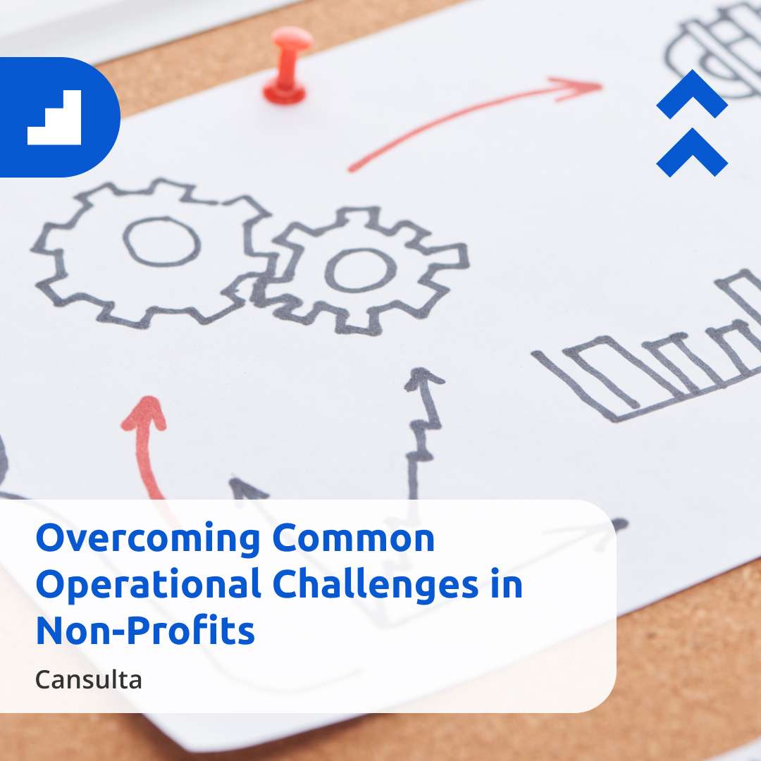 A pinned sheet with hand-drawn gears, charts, and arrows is overlaid with the text: “Overcoming Common Operational Challenges in Non-Profits” and “Cansulta.” Blue graphic elements appear on the left and right sides.