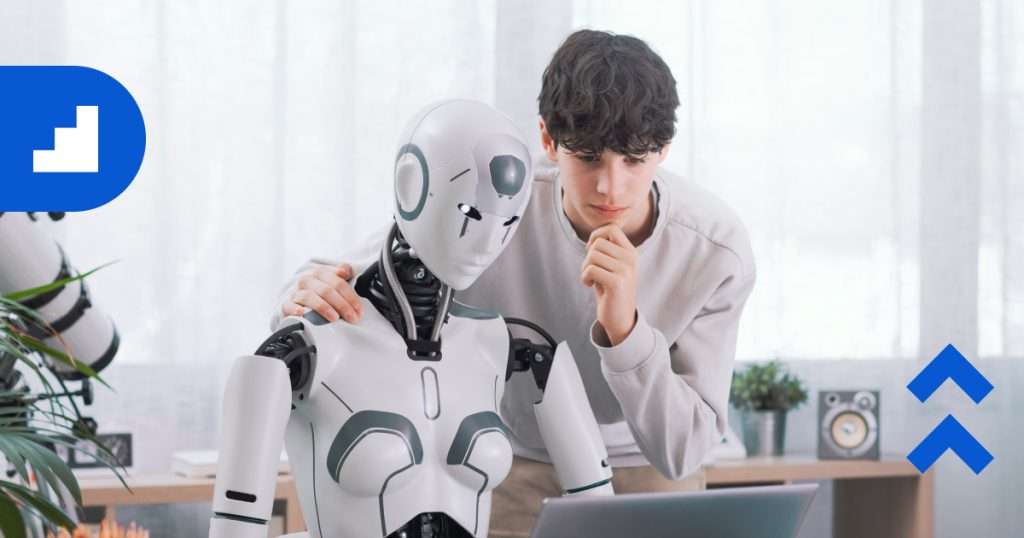 Person thoughtfully collaborating with a humanoid robot at a desk with a laptop, representing human–AI collaboration and strategic decision-making.