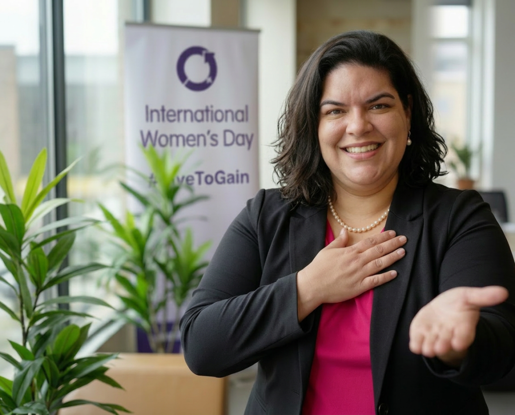 Alexandra Kapelos-Peters celebrates #GiveToGain for International Women's Day 2026. Image edited by AI with Adobe and Gemini.