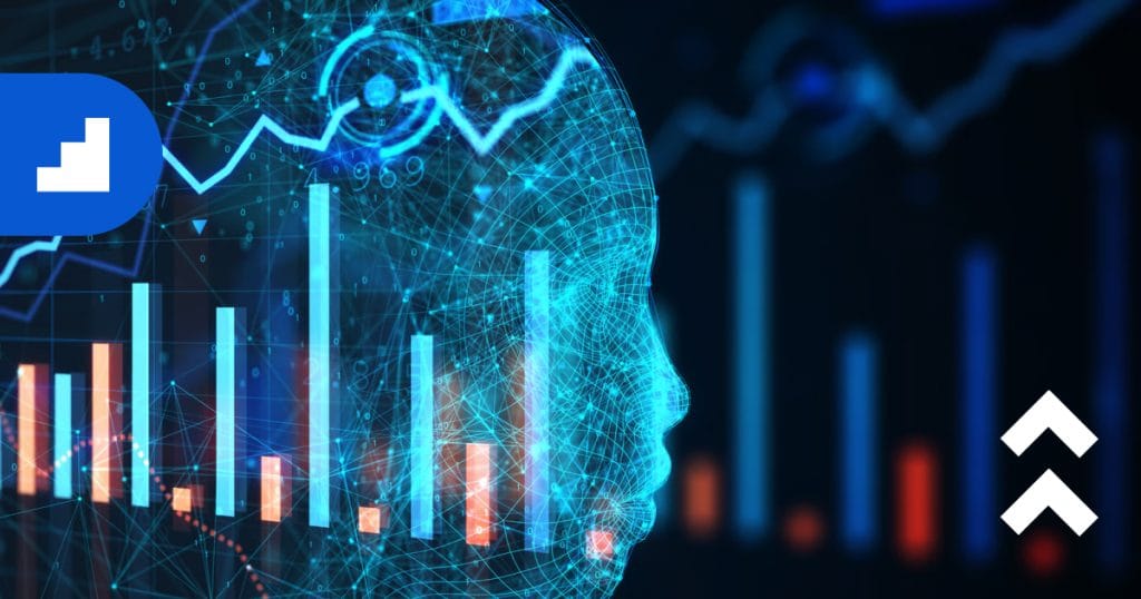 A graphic with a glowing blue digital face overlaying financial charts and icons.