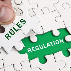 A hand placing the final white jigsaw puzzle piece labeled "Rules" in green text into a nearly complete puzzle, revealing the word "Regulation" in white text on a green background beneath, symbolizing the concept of compliance and regulatory frameworks.