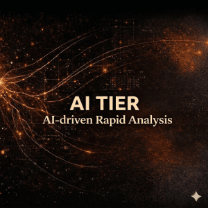 A dark, cinematic graphic featuring a glowing golden neural network on the left, with fiery lines radiating across a textured black background. To the right, the bold text "AI TIER" is displayed above the subtitle "AI-driven Rapid Analysis" in an elegant serif font.