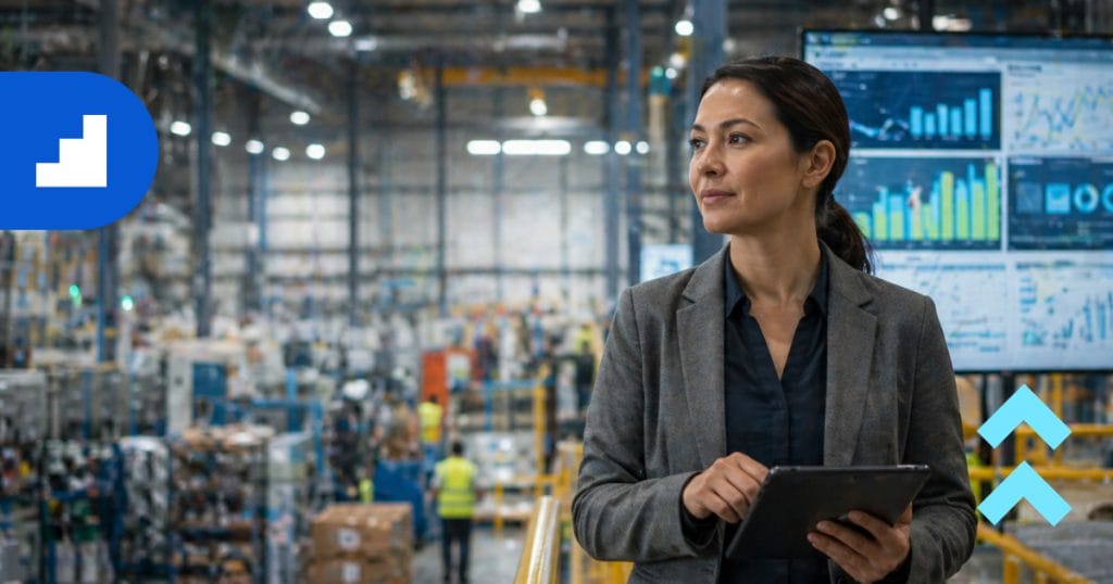Manufacturing leaders comparing AI efficiency manufacturing metrics and competitive performance dashboards.
