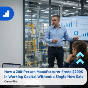 A male consultant with glasses and a blue button-down shirt stands in a modern office, pointing to a large digital screen displaying financial line graphs and bar charts. Two colleagues are seen from behind in the foreground, watching the presentation. A glass wall in the background shows a glimpse of a manufacturing or warehouse area. Title says "How a 200-Person Manufacturer Freed $200K in Working Capital Without a Single New Sale." wit Cansulta Branding