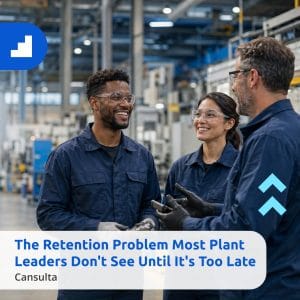 Engaged manufacturing team members discussing plant operations, illustrating successful employee retention strategies in an industrial setting. Title says "The Retention Problem Most Plant Leaders Don't See Until It's Too Late" with Cansulta Branding.