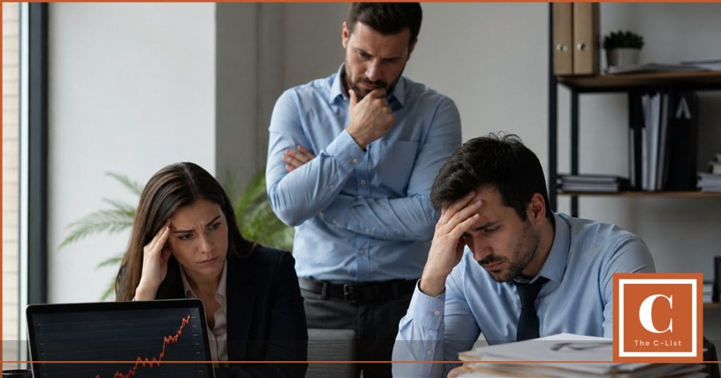 Stressed business team facing the financial consequences of delayed decisions and the high cost of business inaction.