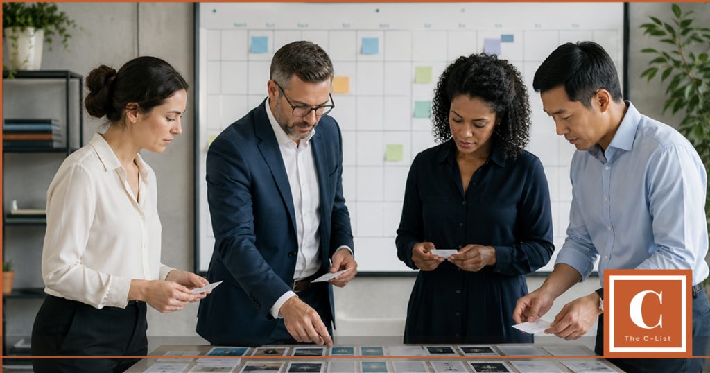 A diverse group of four focused professionals in business attire standing around a table, carefully reviewing and selecting small cards or documents. In the background, a whiteboard with sticky notes suggests a curated planning session. 