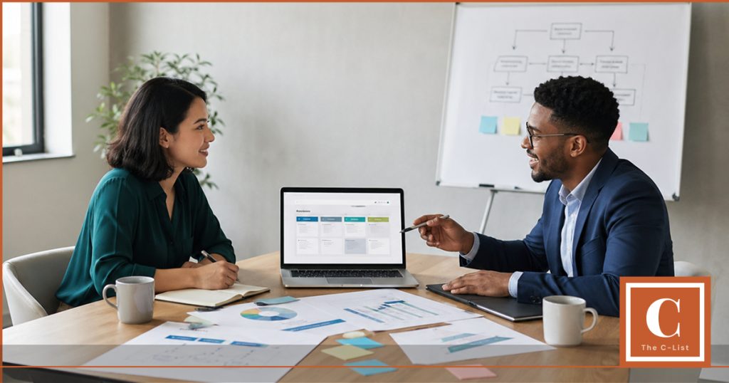 A business consultant presenting a successful consulting engagement framework to a client on a laptop.