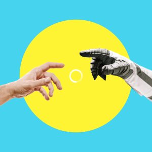 A human hand and a robotic hand reaching toward each other against a bright yellow circle and teal background, evoking the Sistine Chapel's Creation of Adam.