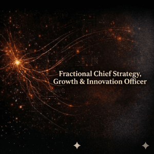 Abstract digital art with a burst of golden light on the left, radiating glowing amber lines that resemble neural pathways or data streams across a dark, textured background. To the right, serif text reads: "Fractional Chief Strategy, Growth & Innovation Officer." Two small four-pointed stars are visible at the bottom