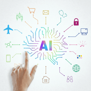 A hand pointing at a colorful AI circuit diagram surrounded by industry icons representing travel, healthcare, e-commerce, security, and more, illustrating AI's applications across sectors.