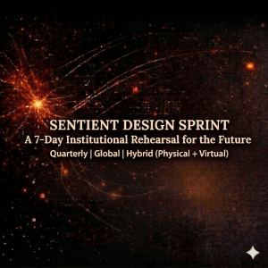 Abstract digital background featuring a bright light burst on the left with glowing red and amber filaments arching across a dark, starry space. Text in the center reads: "SENTIENT DESIGN SPRINT: A 7-Day Institutional Rehearsal for the Future. Quarterly | Global | Hybrid (Physical + Virtual)." A small star icon is in the bottom right corner.