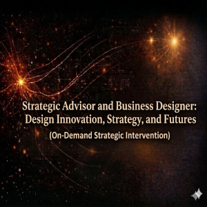 A dark, cosmic-style background with shimmering gold and copper particles. Bright, star-like light bursts on the left and top right send glowing, thread-like energy lines across the frame. Centered text reads: 'Strategic Advisor and Business Designer: Design Innovation, Strategy, and Futures (On-Demand Strategic Intervention).' A small white star icon sits in the bottom right corner.