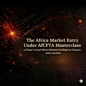 Abstract digital background featuring a vibrant golden-red light burst on the left with glowing trails arching across a dark, starry space. Centered text reads: "The Africa Market Entry Under AfCFTA Masterclass: a 3 hour virtual Africa Market Intelligence Session held monthly." A small star icon is in the bottom right corner.
