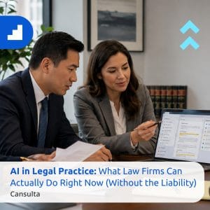 Law firm leadership team reviewing safe AI use cases and governance guardrails for legal practice. Title says "AI in Legal Practice: What Law Firms Can Actually Do Right Now (Without the Liability)" with Cansulta Branding