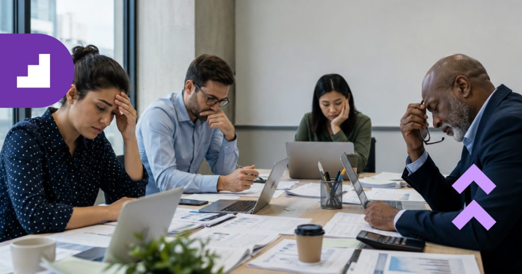 An exhausted accounting firm team experiencing severe change fatigue, burnout, and operational stress during a corporate meeting