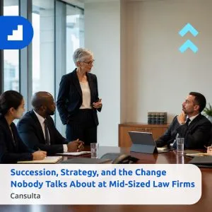 Law firm partners discussing succession strategy and change leadership in a conference room. Title says "Succession, Strategy, and the Change Nobody Talks About at Mid-Sized Law Firms" with Cansulta Branding.