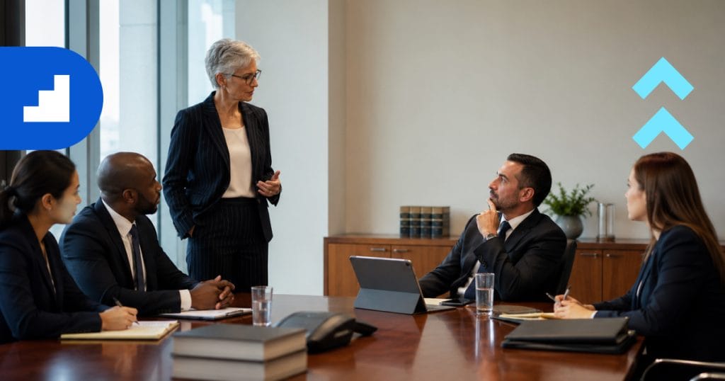 Law firm partners discussing succession strategy and change leadership in a conference room