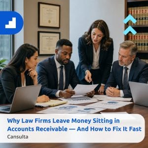Law firm leaders reviewing accounts receivable, legal billing lockup and cash flow priorities. Title says "Why Law Firms Leave Money Sitting in Accounts Receivable - And How to Fix It Fast" with Cansulta Branding