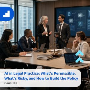 Law firm team reviewing AI policy, AI legal ethics and legal tech AI use cases. Title says "AI in Legal Practice: What's Permissible, What's Risky, and How to Build the Policy" with Cansulta Branding