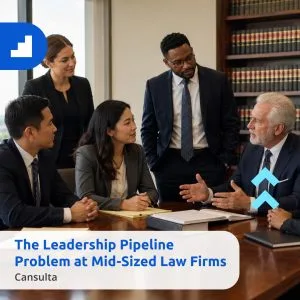 Mid-sized law firm leaders discussing partner development and the legal leadership pipeline. Title says "The Leadership Pipeline Problem at Mid-Sized Law Firms" with Cansulta Branding