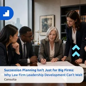 Law firm partners reviewing succession planning, partner succession and client continuity risks. Title says "Succession Planning Isn't Just for Big Firms: Why Law Firm Leadership Development Can't Wait" with Cansulta's Branding