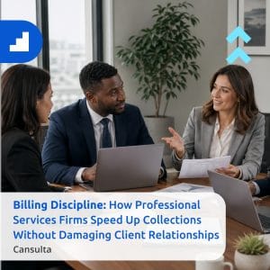 Professional services team improving invoice collections, AR management and client-friendly billing discipline. Title says "Billing Discipline: How Professional Services Firms Speed Up Collections Without Damaging Client Relationships" with Cansulta's Branding