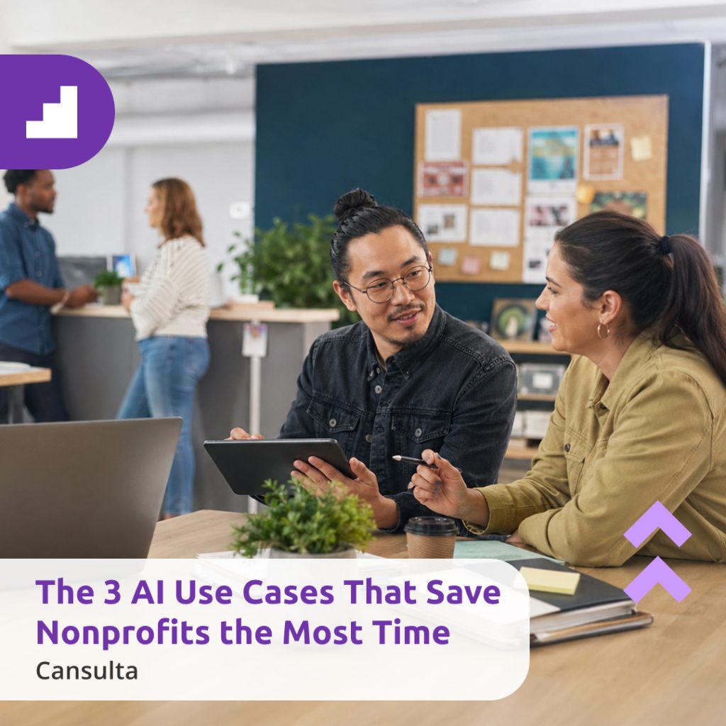 AI use cases, nonprofit productivity, grant writing, donor communications, nonprofit AI. Title says "The 3 AI Use Cases That Save Nonprofits the Most Time" with Cansulta Branding