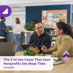 AI use cases, nonprofit productivity, grant writing, donor communications, nonprofit AI. Title says "The 3 AI Use Cases That Save Nonprofits the Most Time" with Cansulta Branding