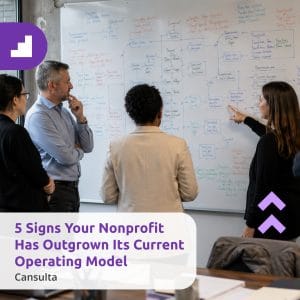 Nonprofit leadership team reviewing nonprofit growth challenges and operating model gaps. Title says "5 Signs Your Nonprofit Has Outgrown Its Current Operating Model" with Cansulta Branding.