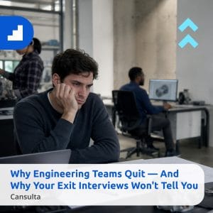 A frustrated engineer staring blankly at blueprints, illustrating why engineering teams quit and employee turnover issues. Title says "Why Engineering Teams Quit - And Why Your Exit Interviews Won't Tell You" featuring blue Cansulta branding.