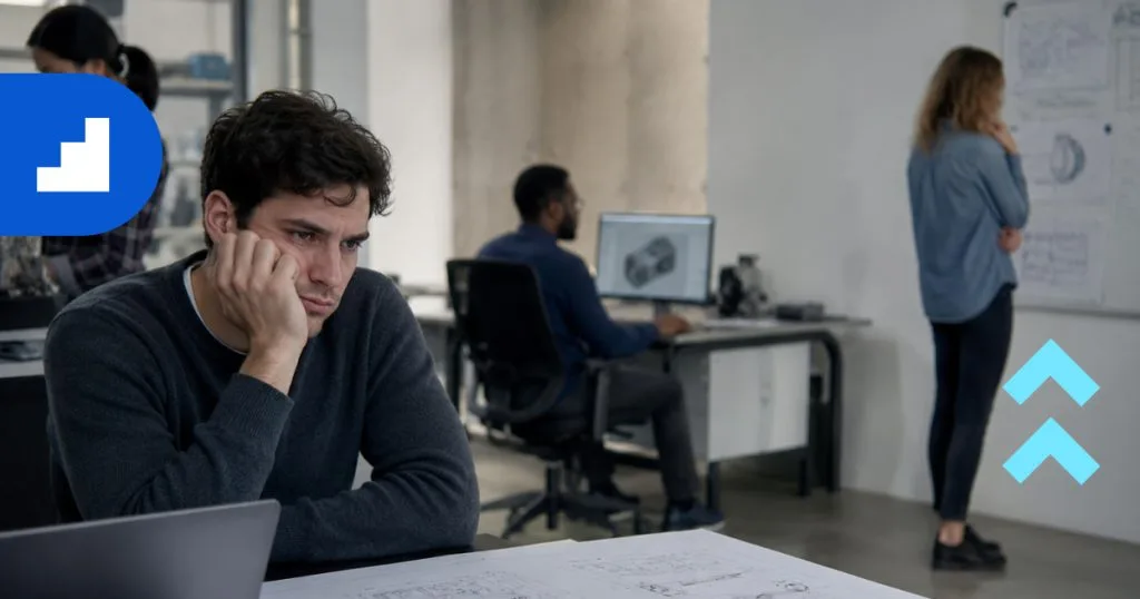 A frustrated engineer staring blankly at blueprints, illustrating why engineering teams quit and employee turnover issues.