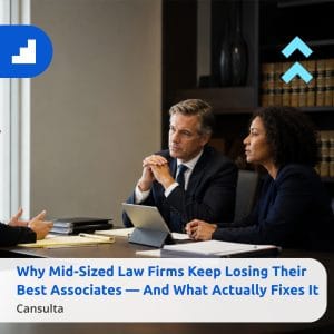 Law firm partners and associates discussing career progression, mentorship, and retention strategy. Title says "Why Mid-Sized Law Firms Keep Losing Their Best Associates - And What Actually Fixes It" with Cansulta Branding