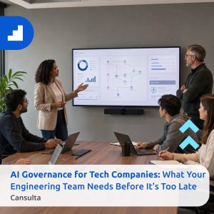 Engineering team reviewing AI governance for tech companies and AI guardrails technology company workflows. Title says "AI Governance for Tech Companies: What Your Engineering Team Needs Before It's Too Late" with Cansulta branding.