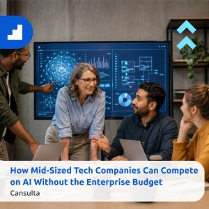 Mid-sized tech company team planning AI for mid-sized tech companies and affordable AI consulting priorities. Title says "How Mid-Sized Tech Companies Can Compete on AI Without the Enterprise Budget" with Cansulta Branding