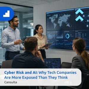 Cybersecurity team reviewing AI cybersecurity risk and cyber AI exposure for tech companies. Title says "Cyber Risk and AI: Why Tech Companies Are More Exposed Than They Think" with Cansulta Branding
