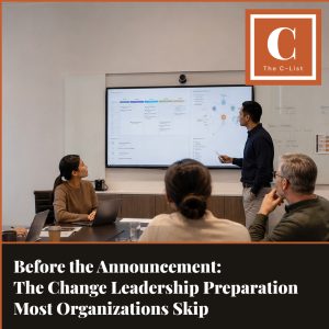Executive team preparing a change communication plan before announcing organizational changes. Title says "Before the Announcement: The Change Leadership Preparation Most Organizations Skip" with C-list Branding